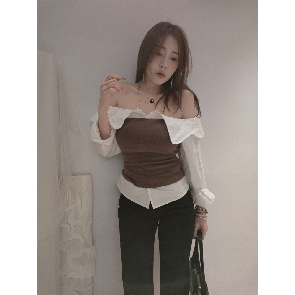 左左家#8179露香肩拼接上衣-細節圖2