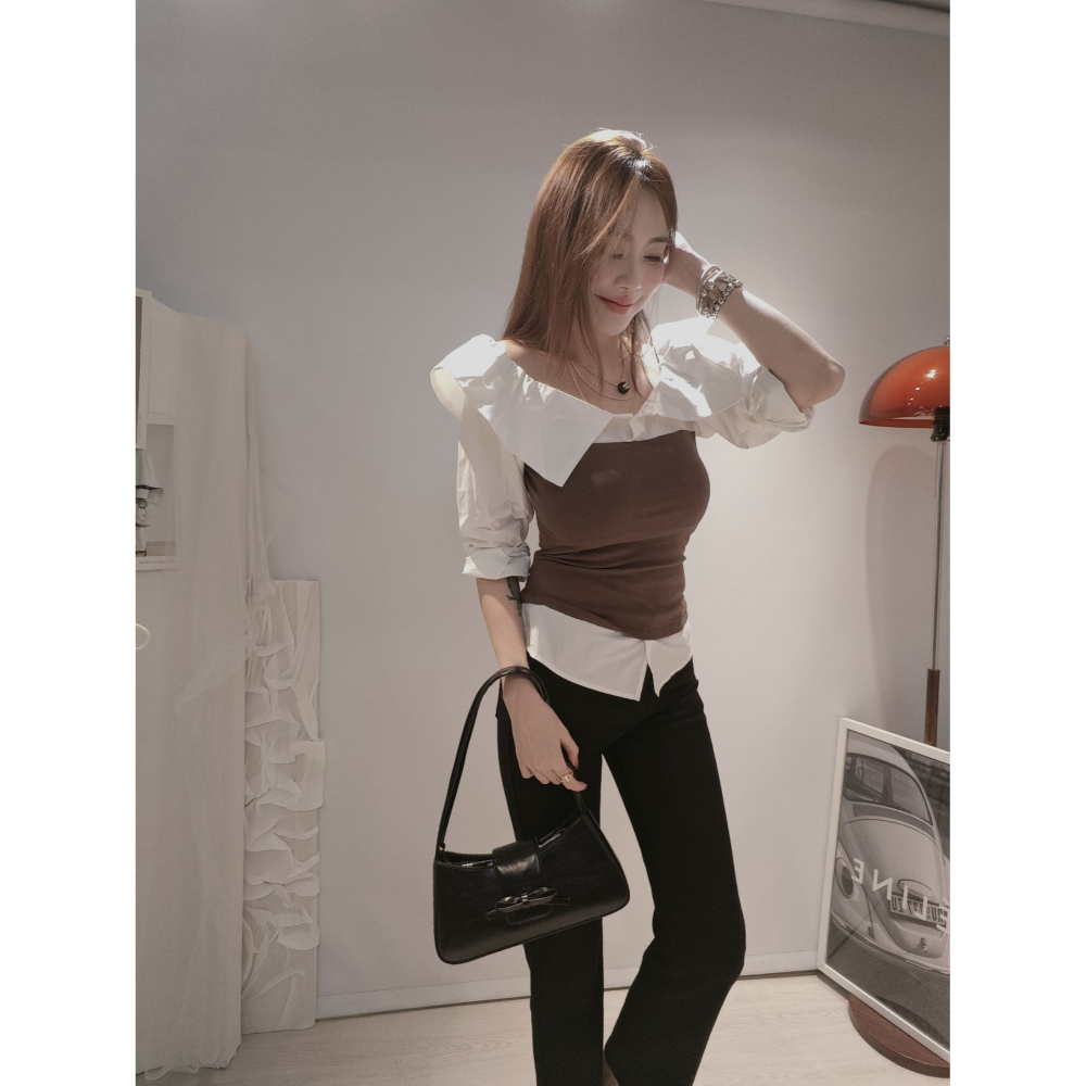 左左家#8179露香肩拼接上衣-細節圖3