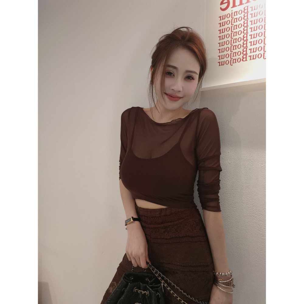 左左家#2999 慾辣網紗假兩件 大推(奶茶)-細節圖2