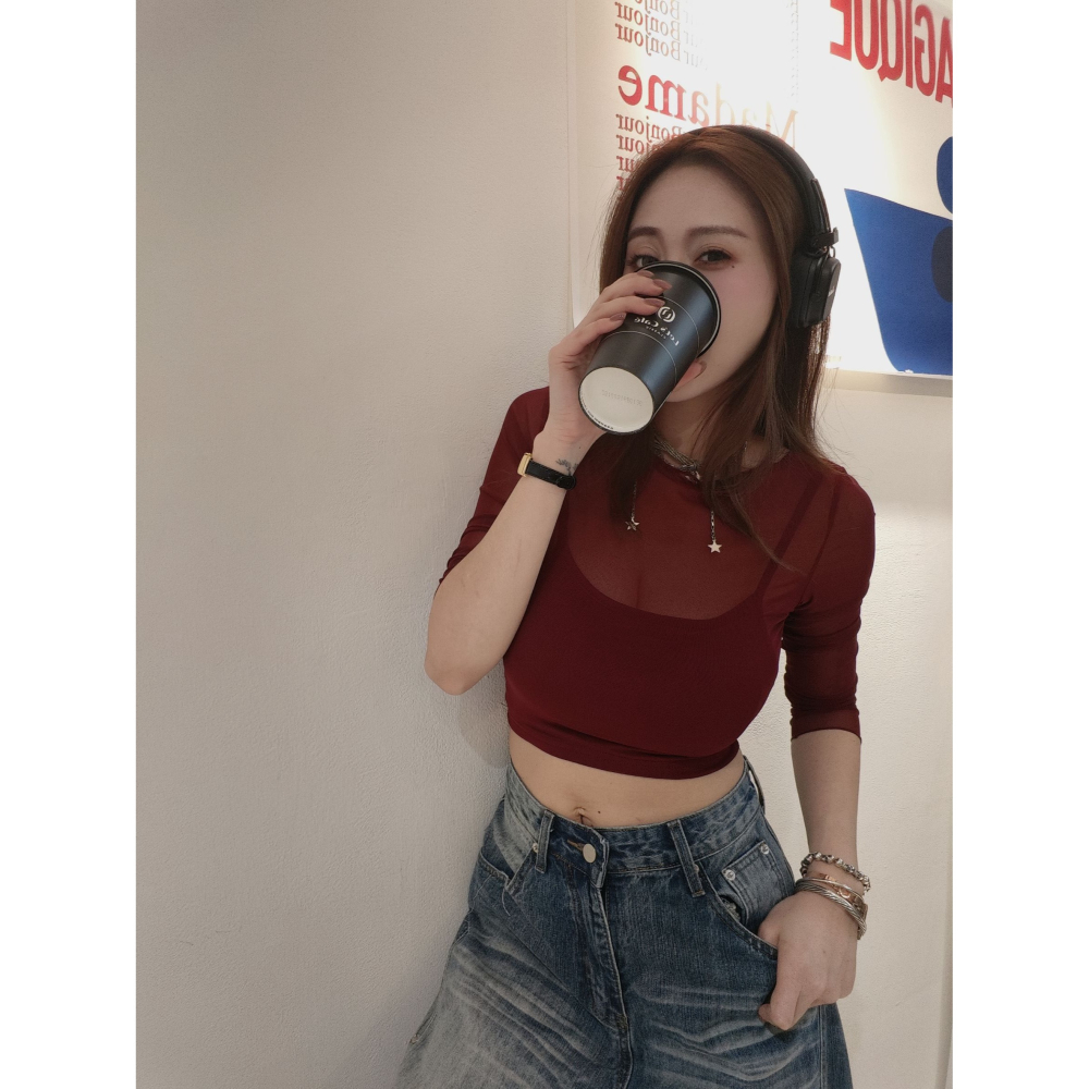 左左家#2999 慾辣網紗假兩件 大推(奶茶)-細節圖5