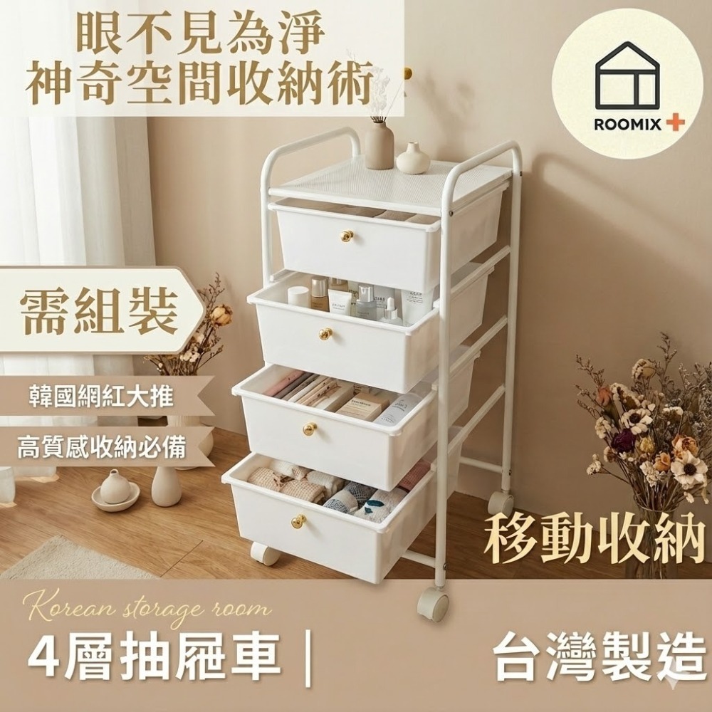 【年度收納神器】Ins風純白四層抽屜推車 移動式置物架 縫隙收納櫃 廚房/浴室/租屋/宿舍必備-細節圖2