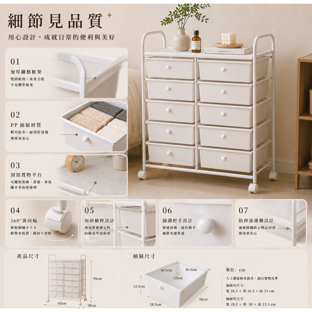 【Roomix】台灣製 韓系極簡十層抽屜收納車 (移動式/置物推車/美甲車/辦公收納/居家整理) INS風奶油白-細節圖9