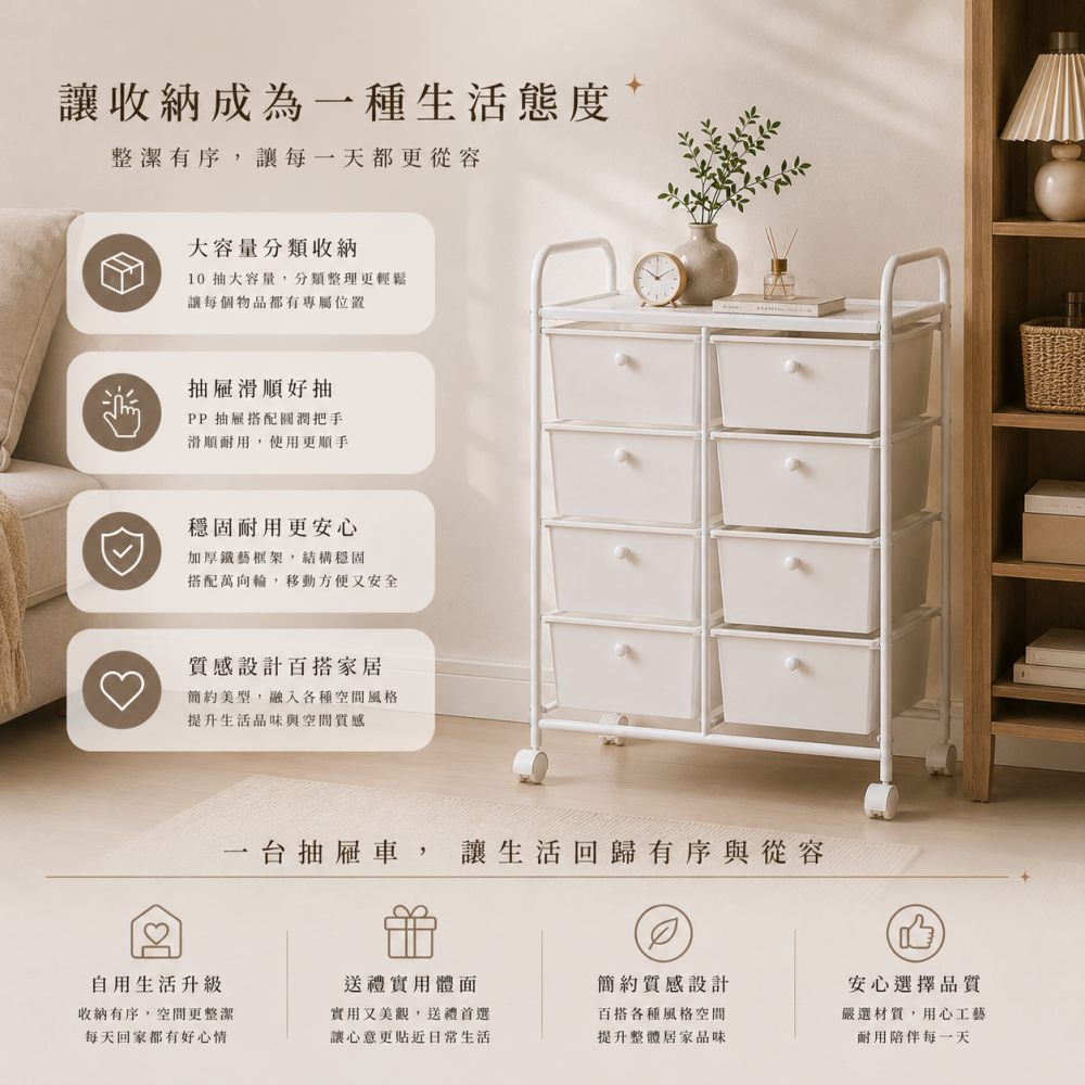 【Roomix】台灣製 韓系極簡十層抽屜收納車 (移動式/置物推車/美甲車/辦公收納/居家整理) INS風奶油白-細節圖10