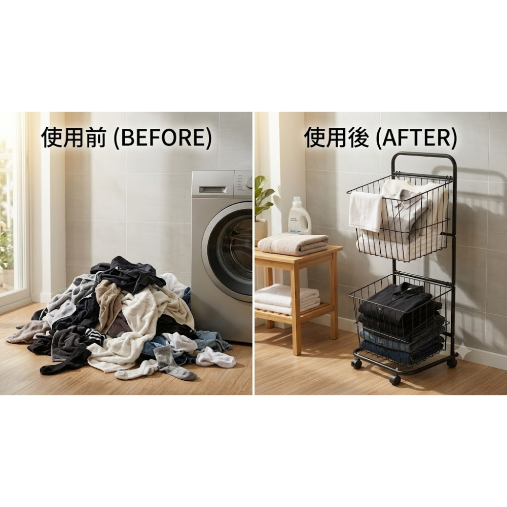 Roomix [預購二層斜口髒衣籃附輪]  預計9月初完貨 推車 收納籃 鐵製收納架 置物架 浴室收納 髒衣 污衣分類-細節圖3