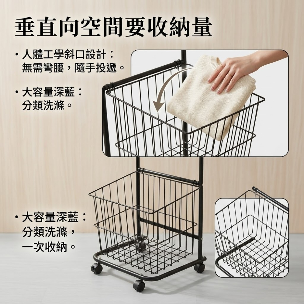 Roomix [預購二層斜口髒衣籃附輪]  預計9月初完貨 推車 收納籃 鐵製收納架 置物架 浴室收納 髒衣 污衣分類-細節圖7