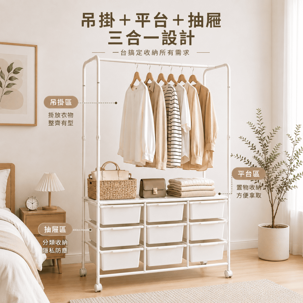 【ROOMIX】 9格防塵抽屜衣架 MIT台灣製 可調式衣架桿 移動式衣櫃 收納衣架 開放式衣櫥 衣物收納架 附輪置物架-細節圖2