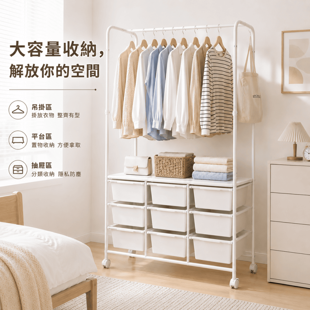 【ROOMIX】 9格防塵抽屜衣架 MIT台灣製 可調式衣架桿 移動式衣櫃 收納衣架 開放式衣櫥 衣物收納架 附輪置物架-細節圖4