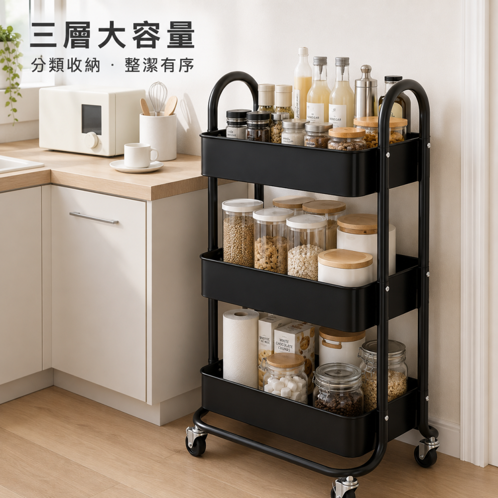 【ROOMIX】三層鐵製收納推車 全鐵置物推車 美容推車 廚房推車 工具車 移動式推車 附輪收納車 網底置物車 台灣製-細節圖2
