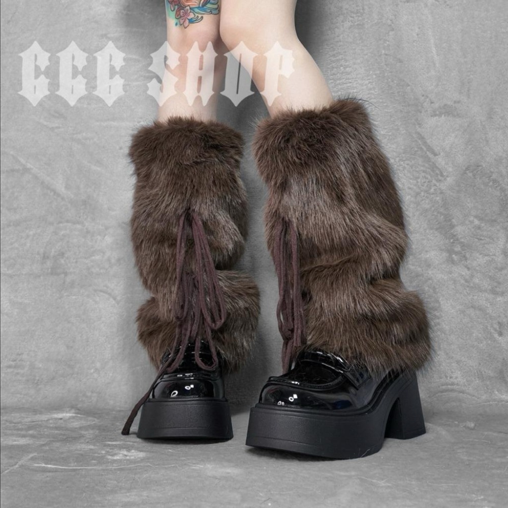 666 SHOP「台灣現貨」綁繩綁帶毛絨襪套白黑咖啡辣妹Y2K日系歐美澀谷保暖毛毛襪套毛絨襪套cos-細節圖3