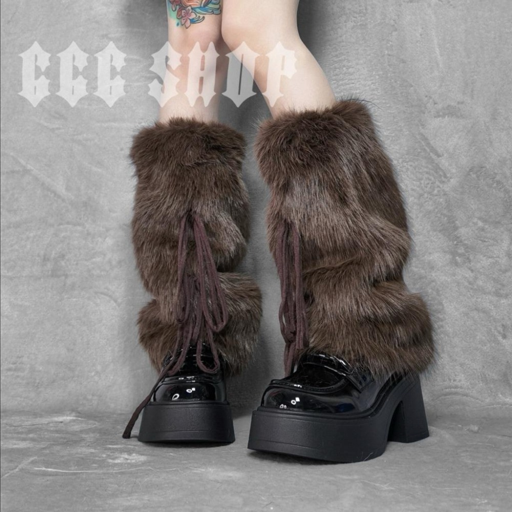 666 SHOP「台灣現貨」綁繩綁帶毛絨襪套白黑咖啡辣妹Y2K日系歐美澀谷保暖毛毛襪套毛絨襪套cos-細節圖3