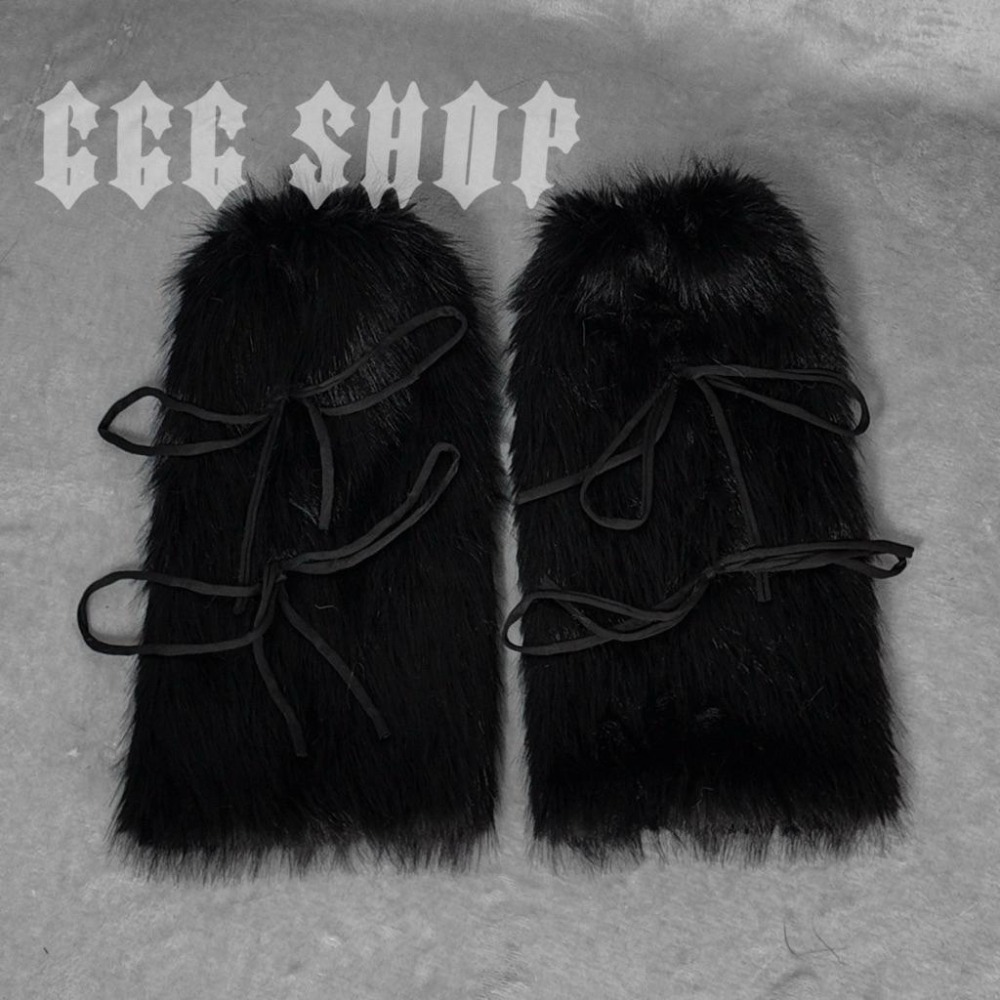 666 SHOP「台灣現貨」綁繩綁帶毛絨襪套白黑咖啡辣妹Y2K日系歐美澀谷保暖毛毛襪套毛絨襪套cos-細節圖6