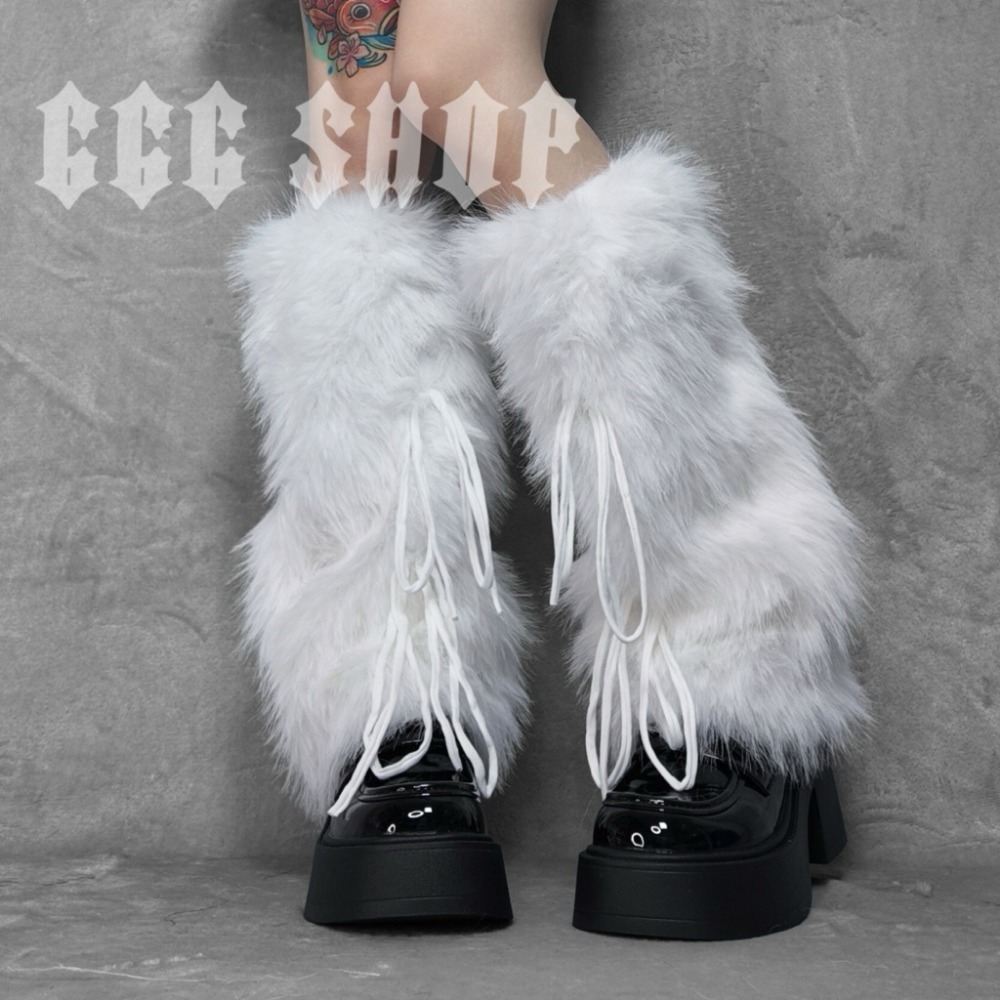 666 SHOP「台灣現貨」綁繩綁帶毛絨襪套白黑咖啡辣妹Y2K日系歐美澀谷保暖毛毛襪套毛絨襪套cos-規格圖7