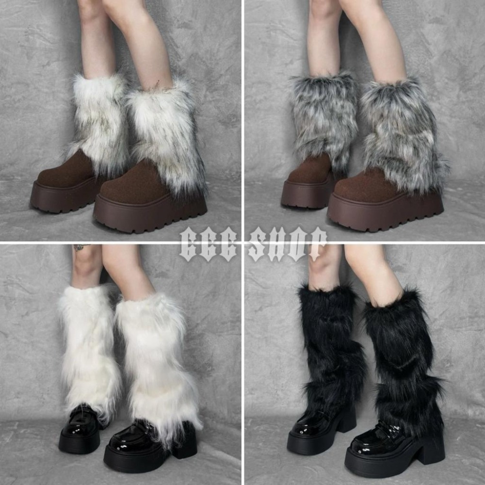 666 SHOP 「台灣現貨」40cm25cm長度黑白灰棕辣妹Y2K日系歐美澀谷保暖毛毛毛絨襪套cosplay-細節圖2