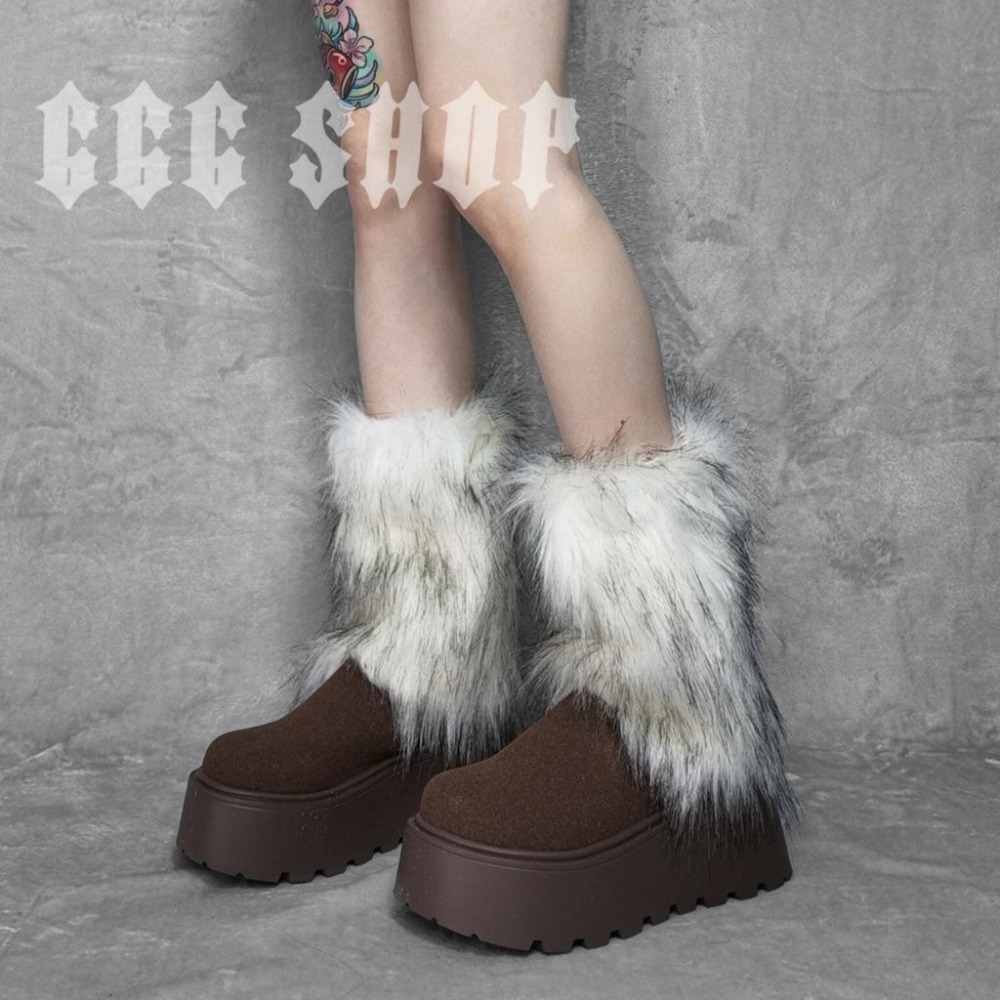 666 SHOP 「台灣現貨」40cm25cm長度黑白灰棕辣妹Y2K日系歐美澀谷保暖毛毛毛絨襪套cosplay-細節圖6