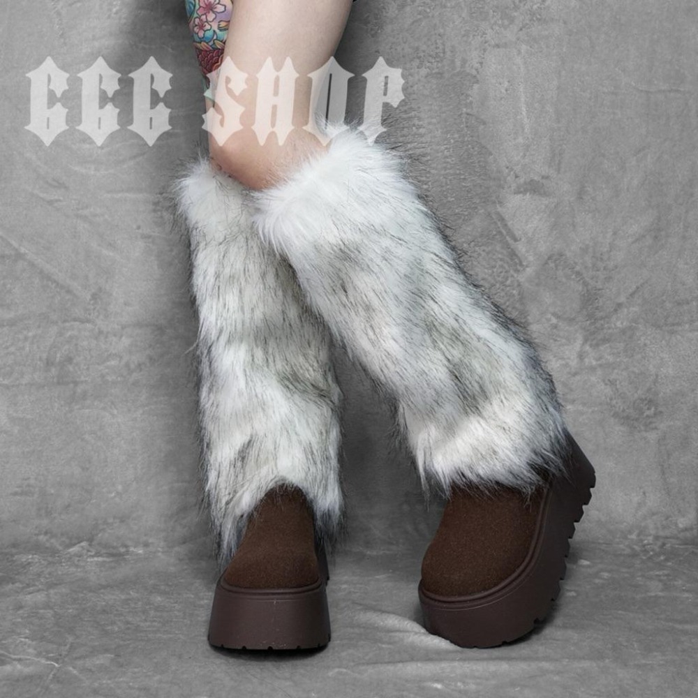 666 SHOP 「台灣現貨」40cm25cm長度黑白灰棕辣妹Y2K日系歐美澀谷保暖毛毛毛絨襪套cosplay-細節圖7