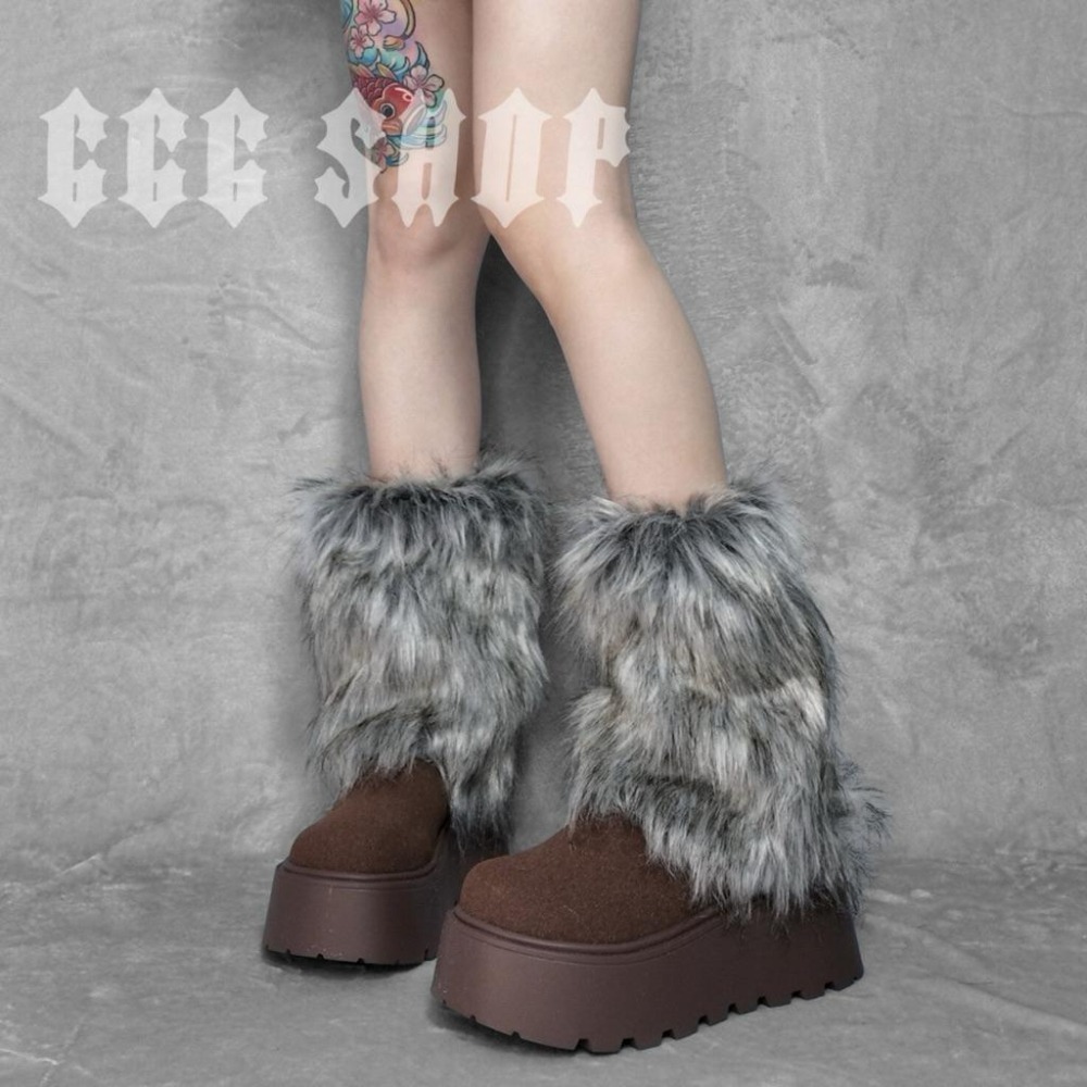 666 SHOP 「台灣現貨」40cm25cm長度黑白灰棕辣妹Y2K日系歐美澀谷保暖毛毛毛絨襪套cosplay-細節圖8