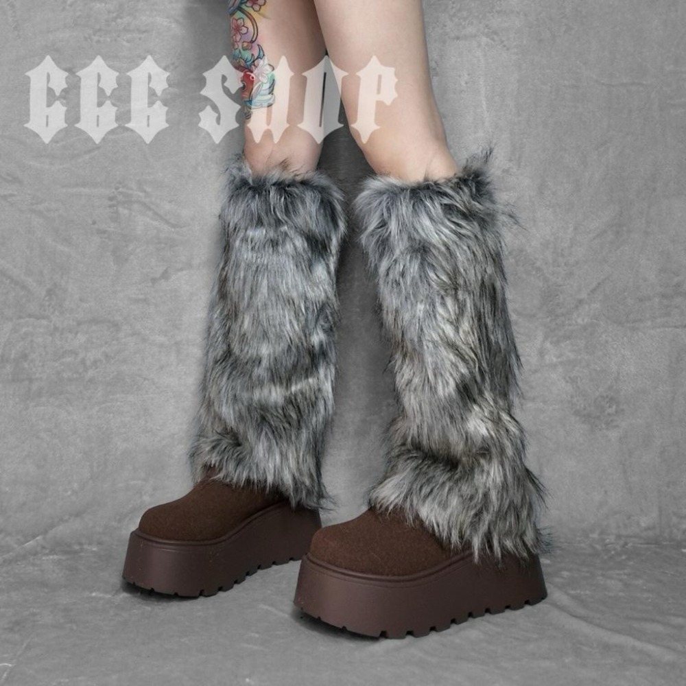 666 SHOP 「台灣現貨」40cm25cm長度黑白灰棕辣妹Y2K日系歐美澀谷保暖毛毛毛絨襪套cosplay-細節圖9