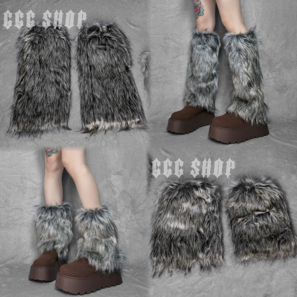 666 SHOP 「台灣現貨」40cm25cm長度黑白灰棕辣妹Y2K日系歐美澀谷保暖毛毛毛絨襪套cosplay-規格圖9