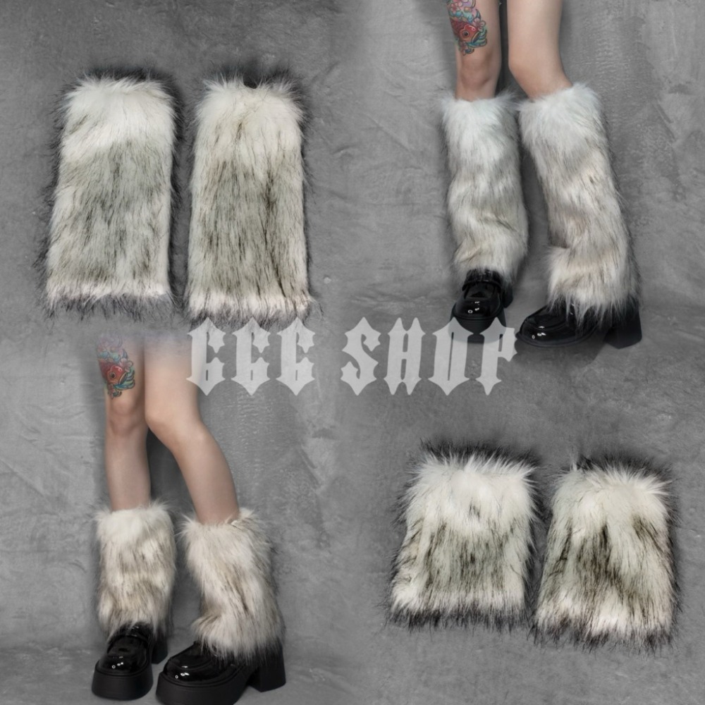 666 SHOP 「台灣現貨」40cm25cm長度黑白灰棕辣妹Y2K日系歐美澀谷保暖毛毛毛絨襪套cosplay-規格圖9