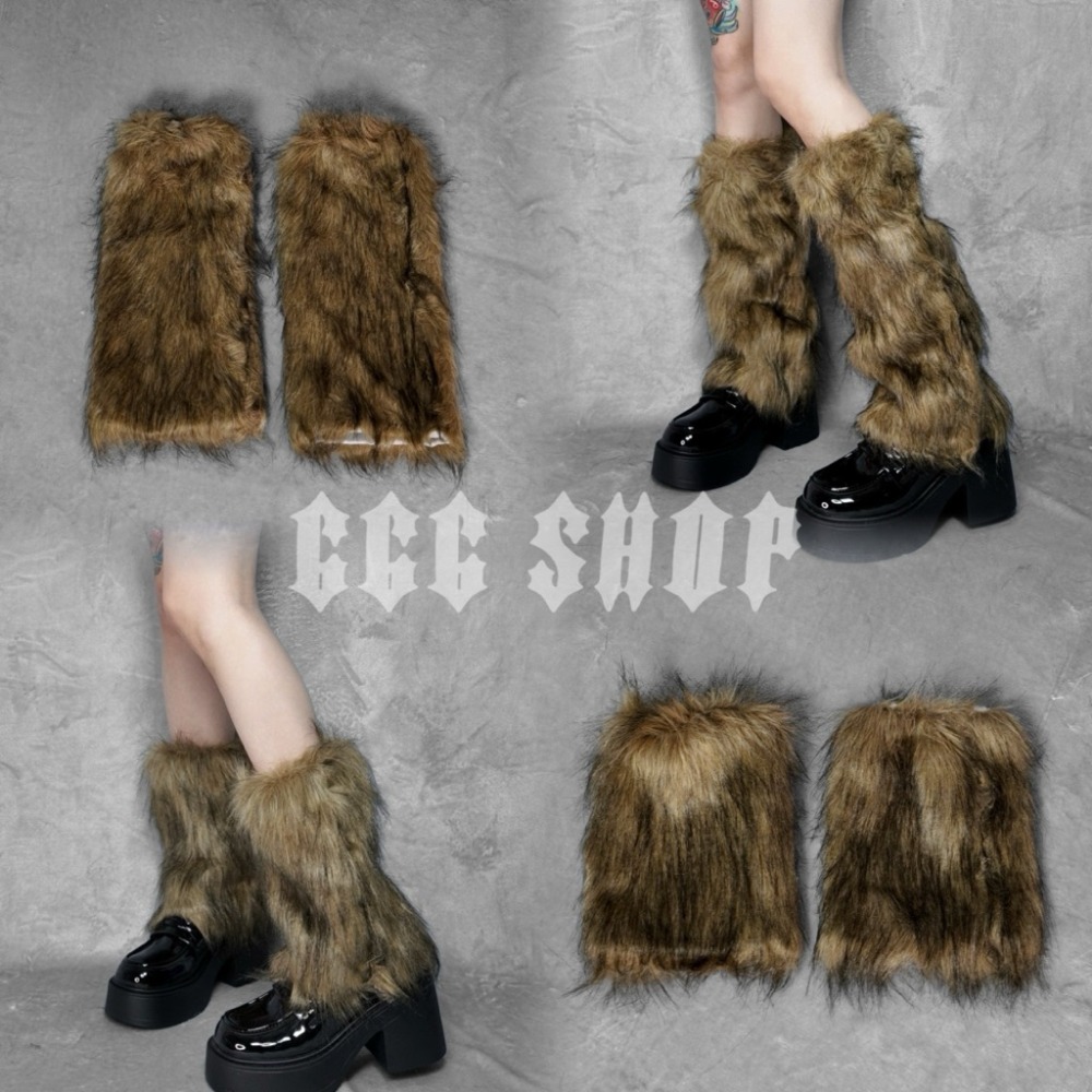 666 SHOP 「台灣現貨」40cm25cm長度黑白灰棕辣妹Y2K日系歐美澀谷保暖毛毛毛絨襪套cosplay-規格圖9