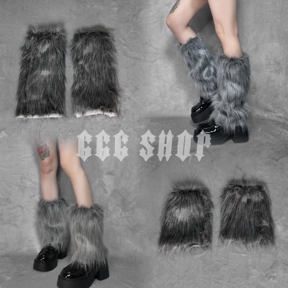 666 SHOP 「台灣現貨」40cm25cm長度黑白灰棕辣妹Y2K日系歐美澀谷保暖毛毛毛絨襪套cosplay-規格圖9