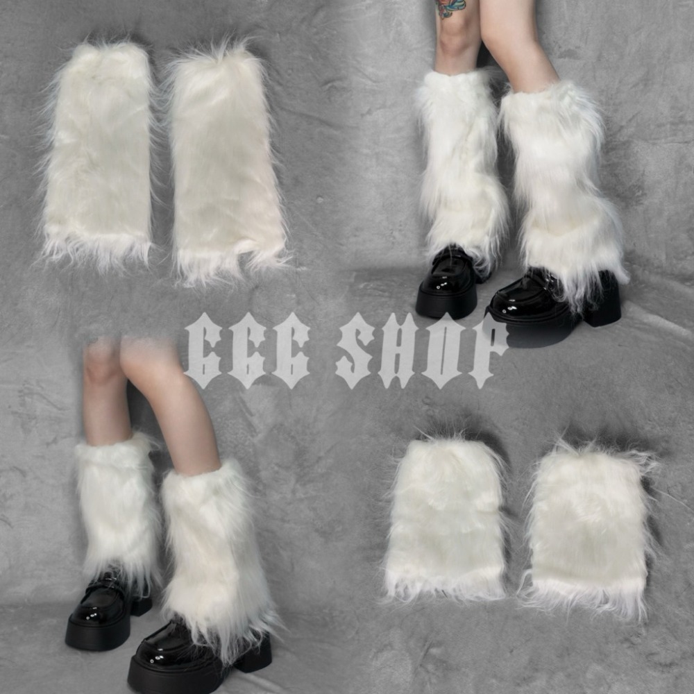 666 SHOP 「台灣現貨」40cm25cm長度黑白灰棕辣妹Y2K日系歐美澀谷保暖毛毛毛絨襪套cosplay-規格圖9