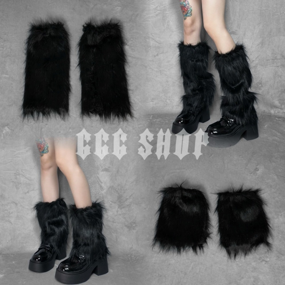 666 SHOP 「台灣現貨」40cm25cm長度黑白灰棕辣妹Y2K日系歐美澀谷保暖毛毛毛絨襪套cosplay-規格圖9