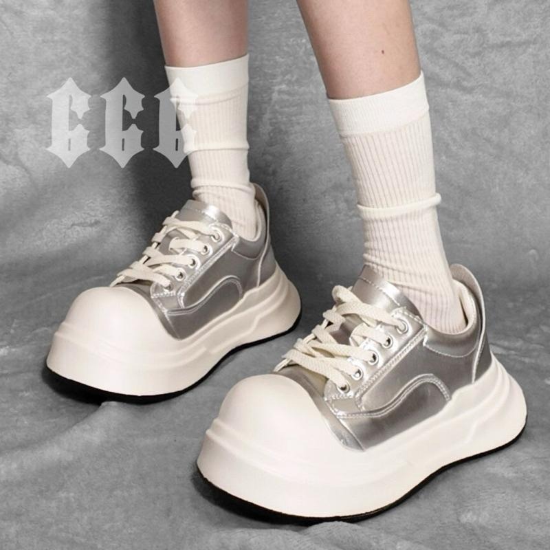 666 SHOP 「台灣現貨」35-40碼5cm黑銀白經典百搭醜萌圓頭米奇大頭鞋小白鞋帆布鞋厚底鞋鬆糕鞋-細節圖8