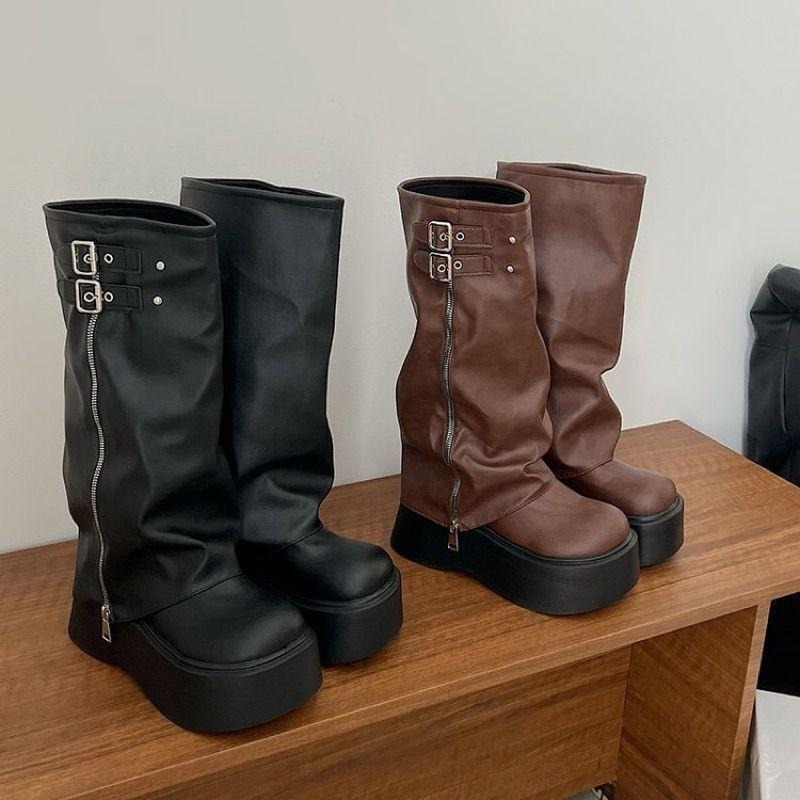 666 SHOP 「台灣現貨」35-40碼8公分黑色棕色褲管靴設計感顯瘦高筒靴膝下靴高筒長筒靴厚底靴-細節圖9