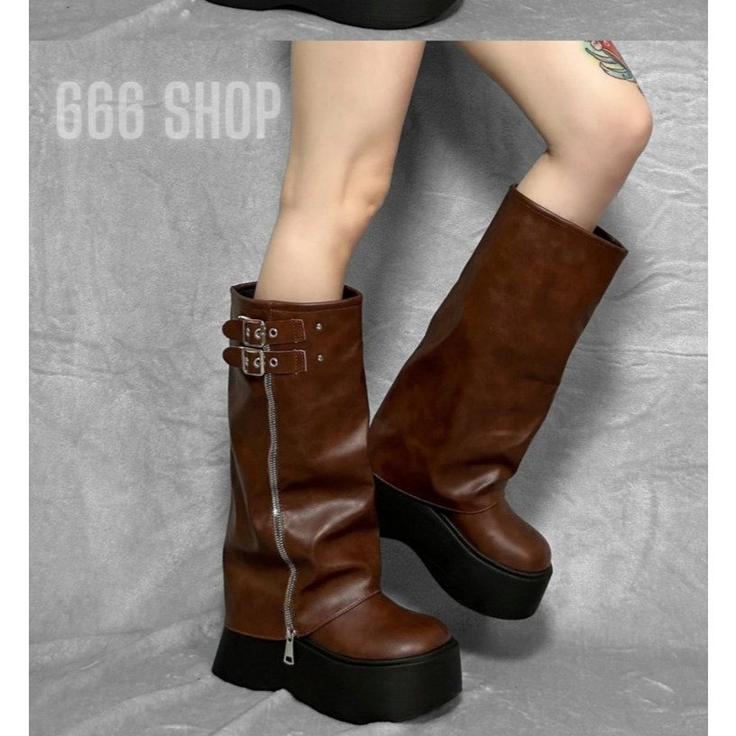 666 SHOP 「台灣現貨」35-40碼8公分黑色棕色褲管靴設計感顯瘦高筒靴膝下靴高筒長筒靴厚底靴-規格圖9