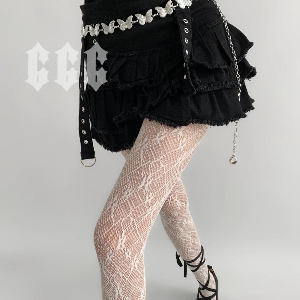 666 SHOP 「台灣現貨」 韓系春夏薄款白色蕾絲網襪復古性感法式提花連褲襪子鏤空純慾白絲襪Y2K暗黑女襪-細節圖5