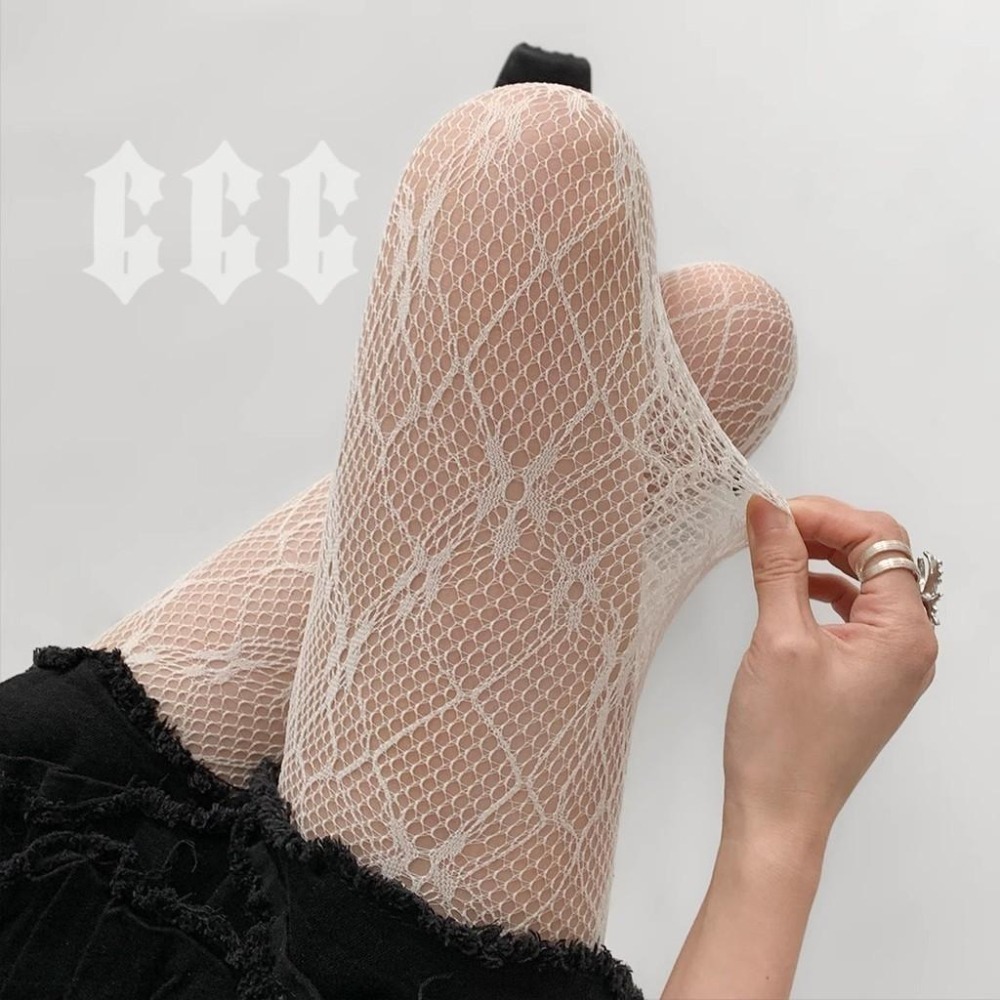 666 SHOP 「台灣現貨」 韓系春夏薄款白色蕾絲網襪復古性感法式提花連褲襪子鏤空純慾白絲襪Y2K暗黑女襪-細節圖6
