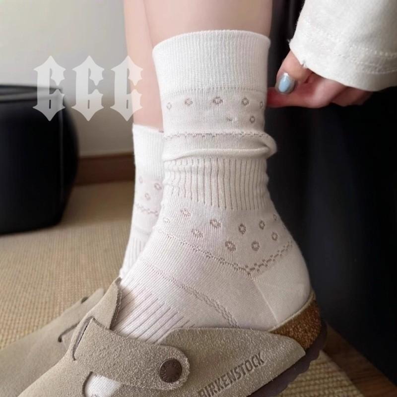 666 SHOP 「台灣現貨」韓系日系百搭簡約白色襪子女中筒襪春夏款棉襪薄款日系少女芭蕾風白色長襪堆堆女襪-細節圖2