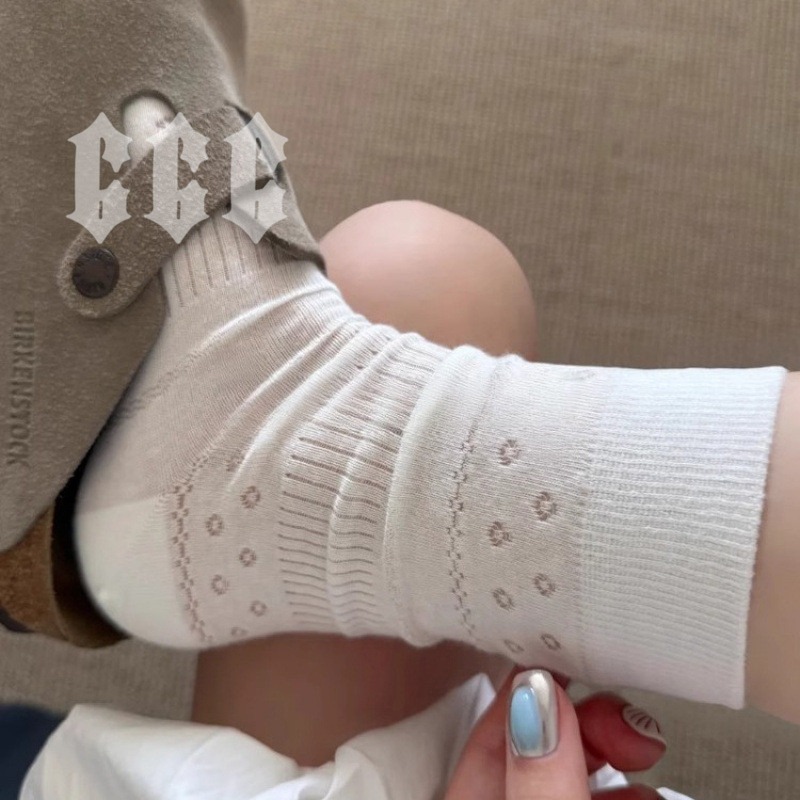 666 SHOP 「台灣現貨」韓系日系百搭簡約白色襪子女中筒襪春夏款棉襪薄款日系少女芭蕾風白色長襪堆堆女襪-規格圖3