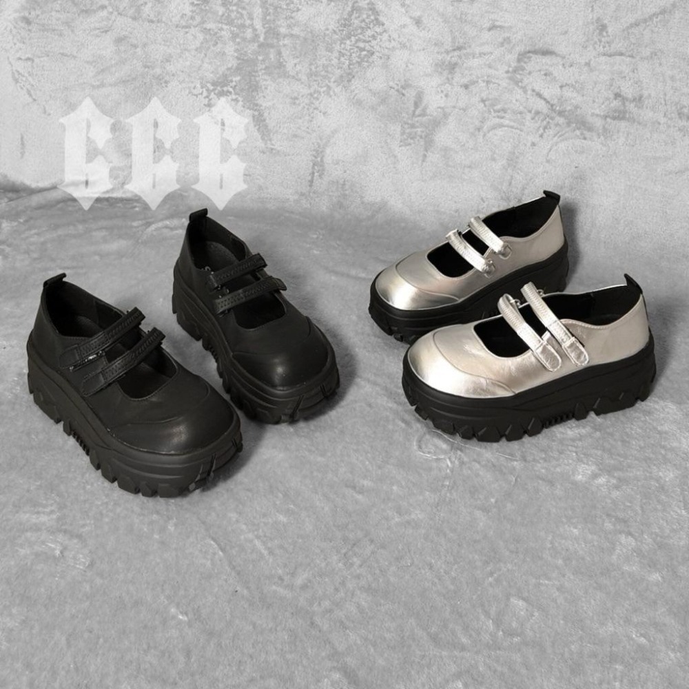 666 SHOP 「台灣現貨」 35-40碼5cm黑色銀色休閒魔術貼銀色淺口厚底單鞋女鞋春季百搭增高瑪麗珍-細節圖2