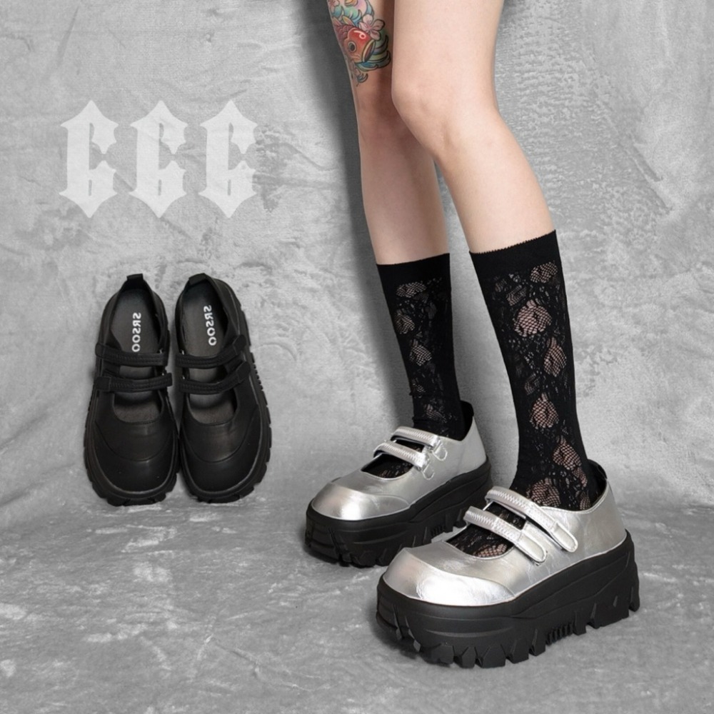 666 SHOP 「台灣現貨」 35-40碼5cm黑色銀色休閒魔術貼銀色淺口厚底單鞋女鞋春季百搭增高瑪麗珍-規格圖9