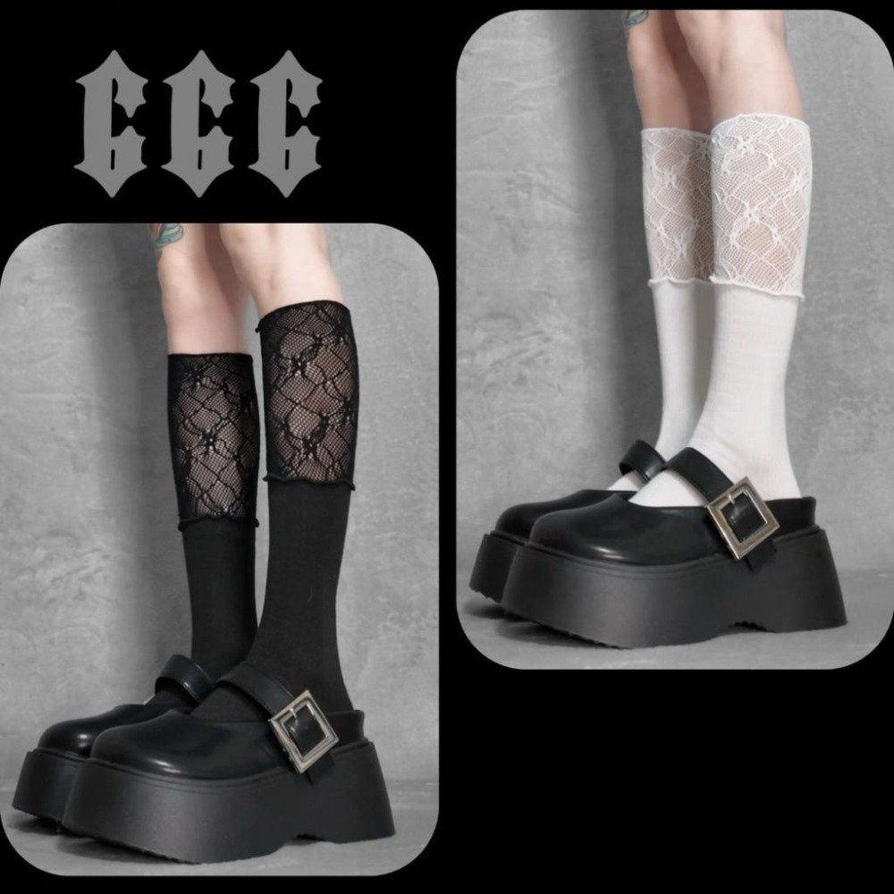 666 SHOP 「台灣現貨」韓系蕾絲拼接女孩穿搭lolita軟妹黑色白色長襪中筒襪子女襪-細節圖3