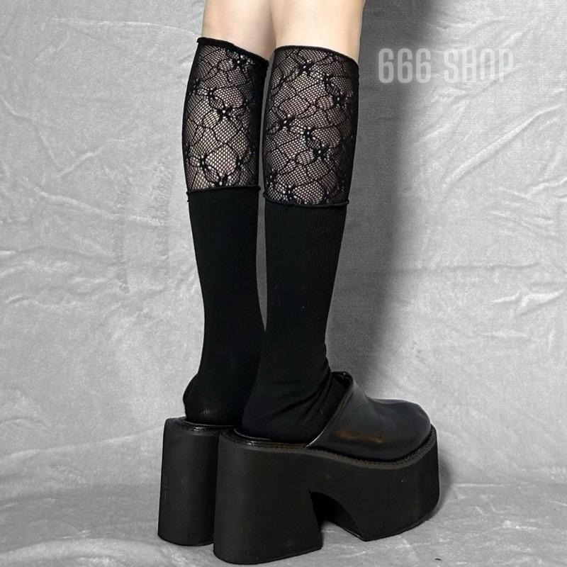 666 SHOP 「台灣現貨」韓系蕾絲拼接女孩穿搭lolita軟妹黑色白色長襪中筒襪子女襪-細節圖4