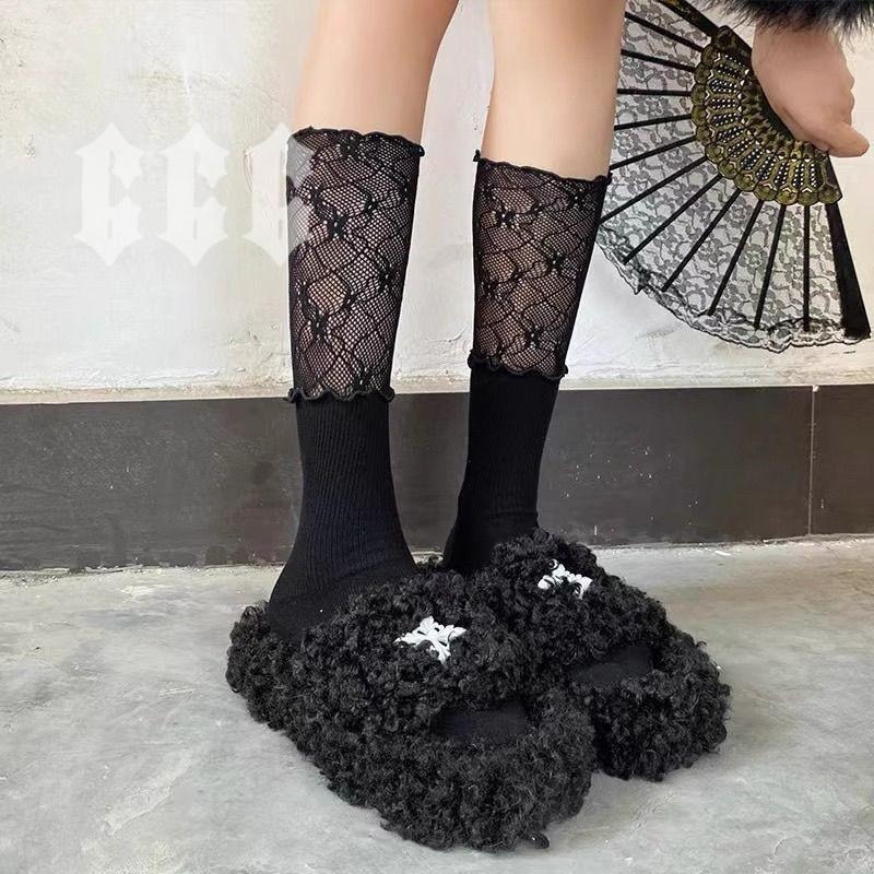 666 SHOP 「台灣現貨」韓系蕾絲拼接女孩穿搭lolita軟妹黑色白色長襪中筒襪子女襪-細節圖6