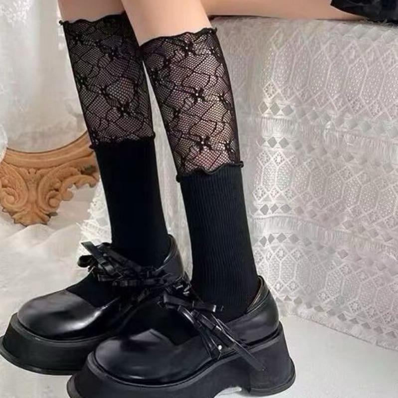 666 SHOP 「台灣現貨」韓系蕾絲拼接女孩穿搭lolita軟妹黑色白色長襪中筒襪子女襪-細節圖7