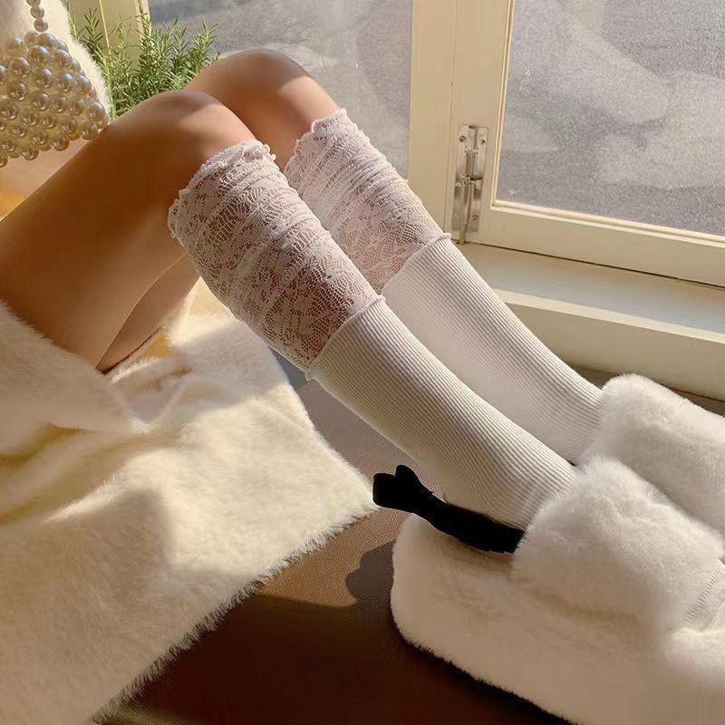 666 SHOP 「台灣現貨」韓系蕾絲拼接女孩穿搭lolita軟妹黑色白色長襪中筒襪子女襪-細節圖8