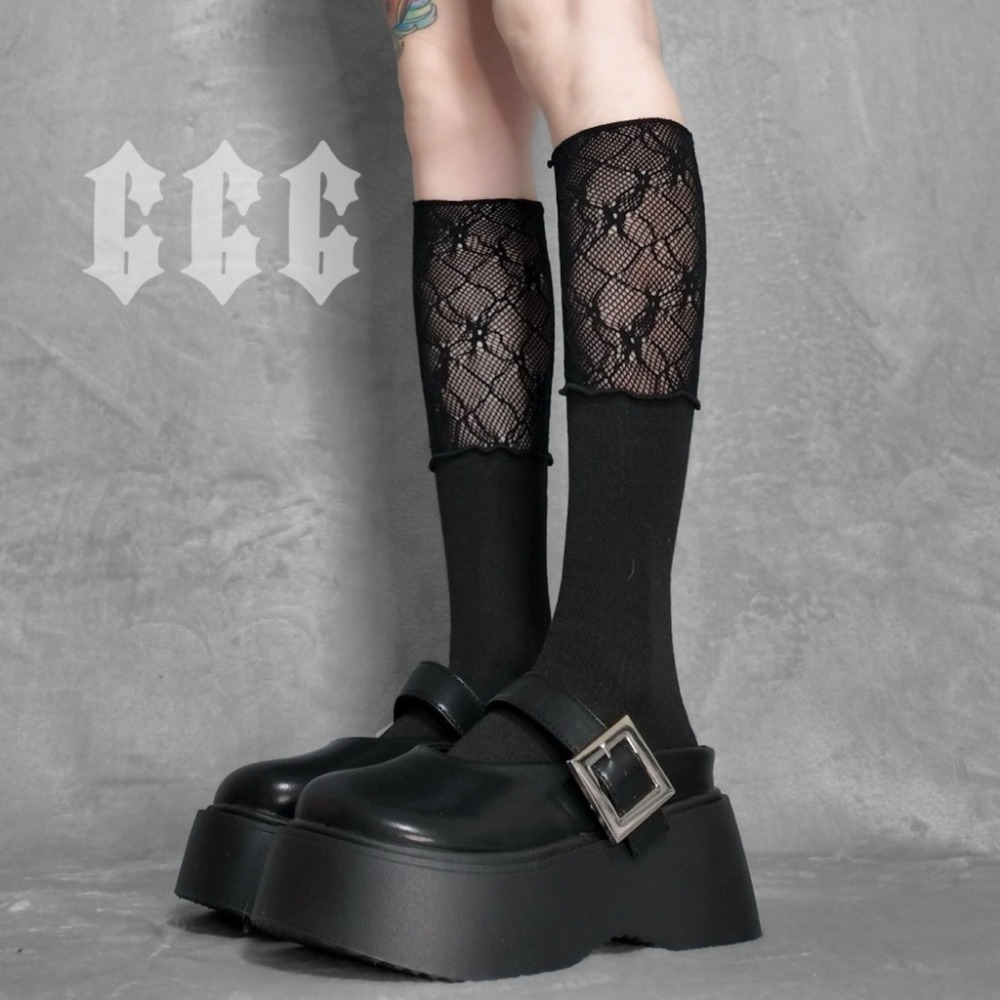 666 SHOP 「台灣現貨」韓系蕾絲拼接女孩穿搭lolita軟妹黑色白色長襪中筒襪子女襪-規格圖9
