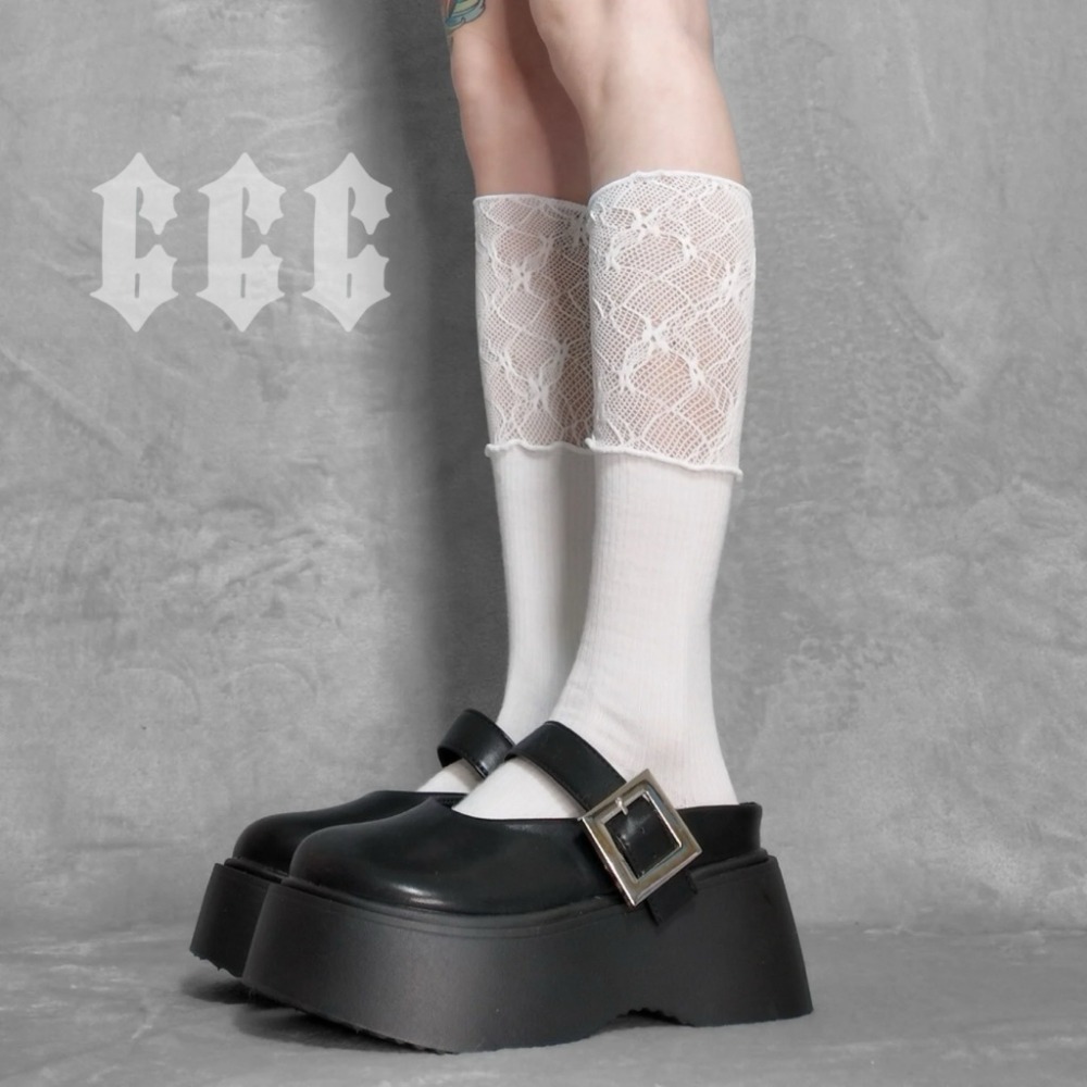 666 SHOP 「台灣現貨」韓系蕾絲拼接女孩穿搭lolita軟妹黑色白色長襪中筒襪子女襪-規格圖9