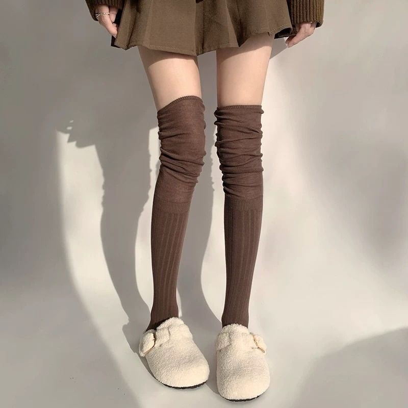 666 SHOP 「台灣現貨」韓版韓系百搭兩穿溫柔堆堆襪日系韓系素色純色過膝襪長襪大腿襪襪子 女襪-規格圖9