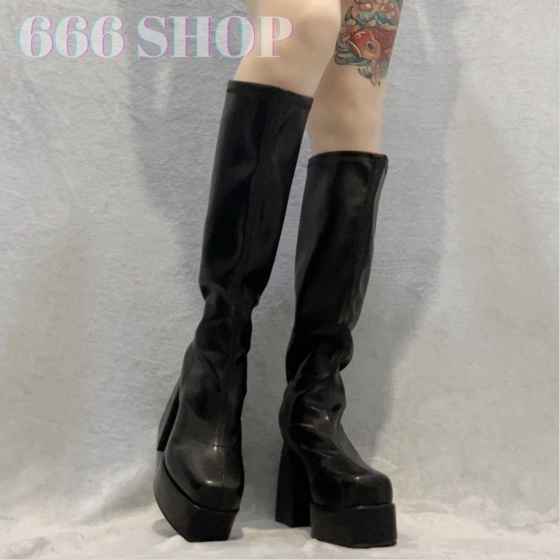 666 SHOP 「台灣現貨」大碼35-43碼11cm圓頭粗跟中筒高筒細腿彈力靴子女PU大碼騎士靴-細節圖2