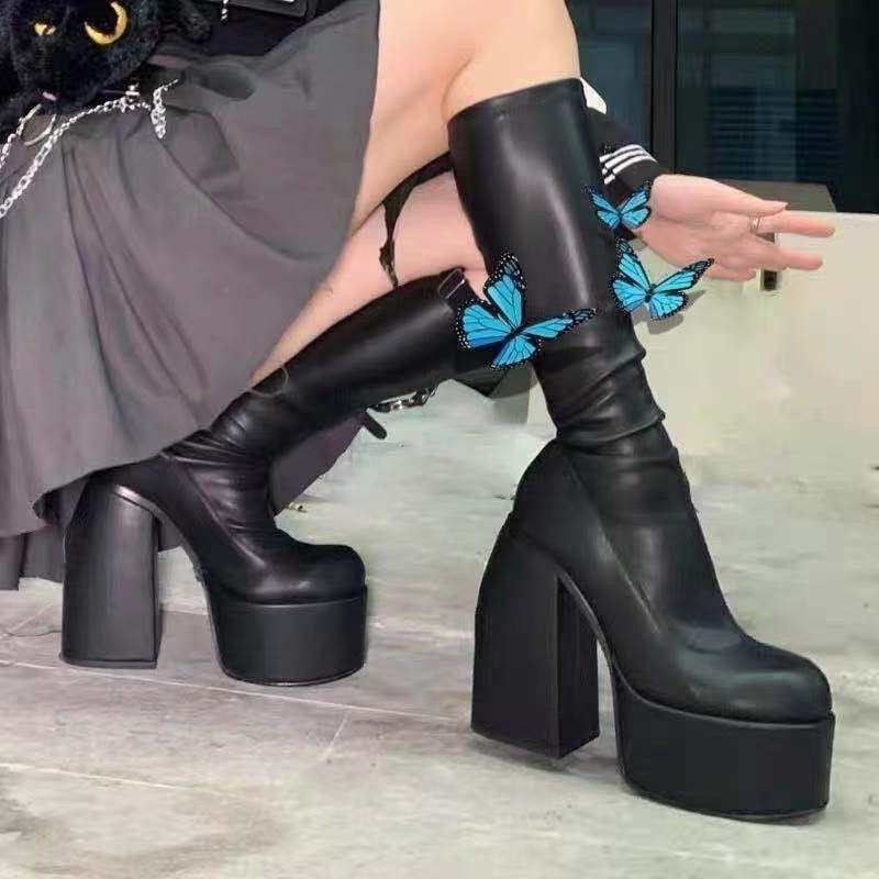 666 SHOP 「台灣現貨」大碼35-43碼11cm圓頭粗跟中筒高筒細腿彈力靴子女PU大碼騎士靴-細節圖5