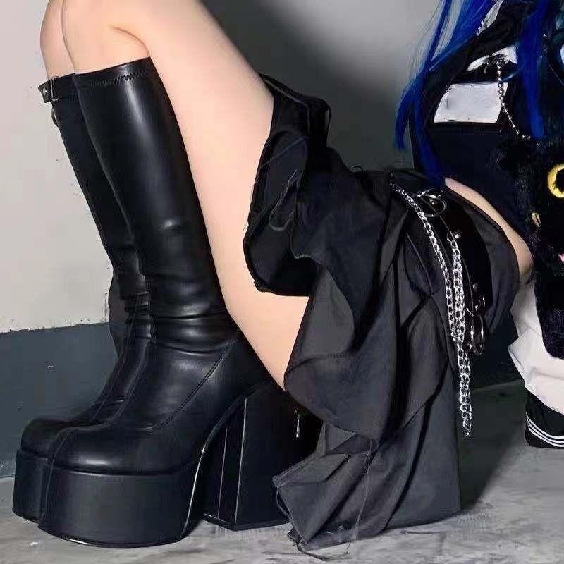 666 SHOP 「台灣現貨」大碼35-43碼11cm圓頭粗跟中筒高筒細腿彈力靴子女PU大碼騎士靴-細節圖6