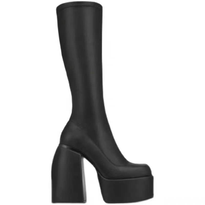 666 SHOP 「台灣現貨」大碼35-43碼11cm圓頭粗跟中筒高筒細腿彈力靴子女PU大碼騎士靴-規格圖6