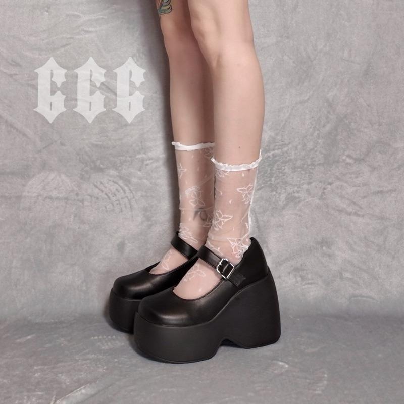 666 SHOP 「台灣現貨」36-42碼11cm歐美瑪莉珍鞋厚底個性小眾厚底鞋增高鞋坡跟大碼鬆糕鞋cos-細節圖3