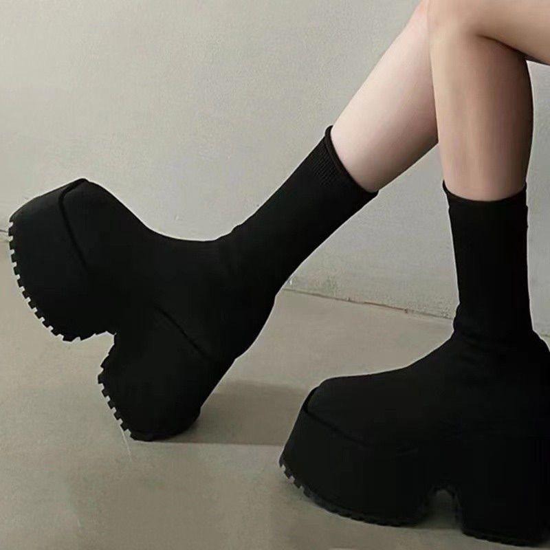 666 SHOP 「台灣現貨」35-42碼10公分歐美大碼彈力針織厚底方頭彈力鬆糕厚底靴襪靴短靴長靴-細節圖7